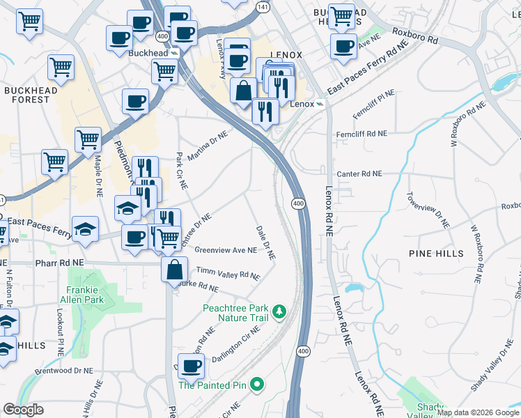 map of restaurants, bars, coffee shops, grocery stores, and more near 3107 Dale Drive Northeast in Atlanta