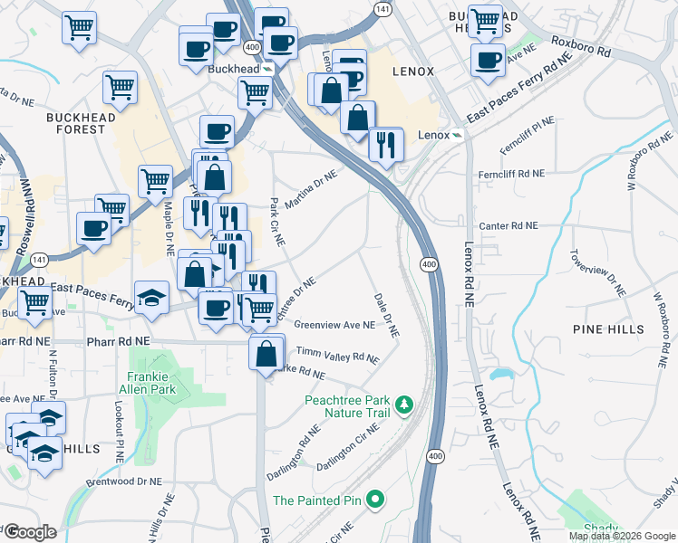 map of restaurants, bars, coffee shops, grocery stores, and more near 3126 Peachtree Drive Northeast in Atlanta
