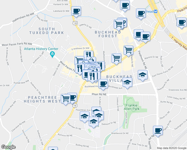 map of restaurants, bars, coffee shops, grocery stores, and more near in Atlanta