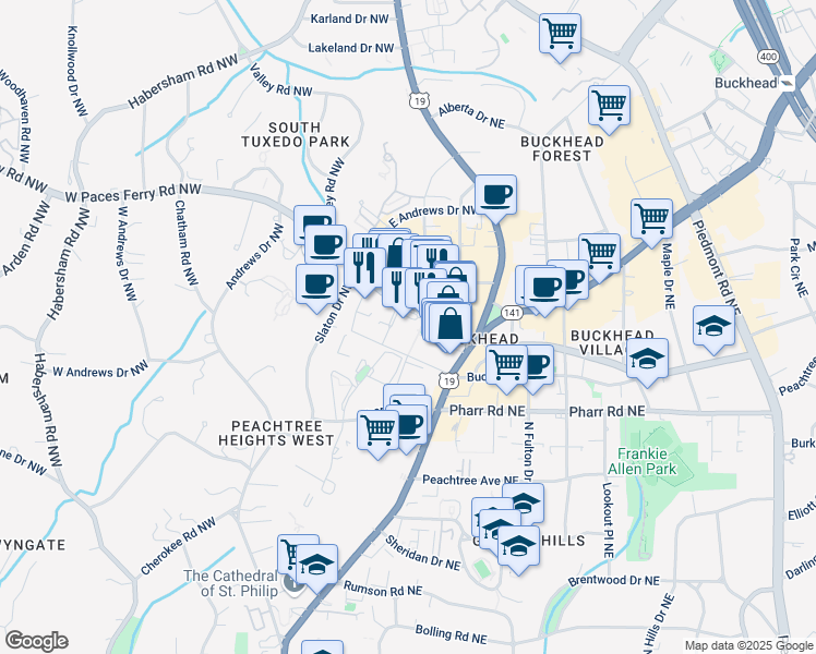 map of restaurants, bars, coffee shops, grocery stores, and more near 88 West Paces Ferry Road Northwest in Atlanta