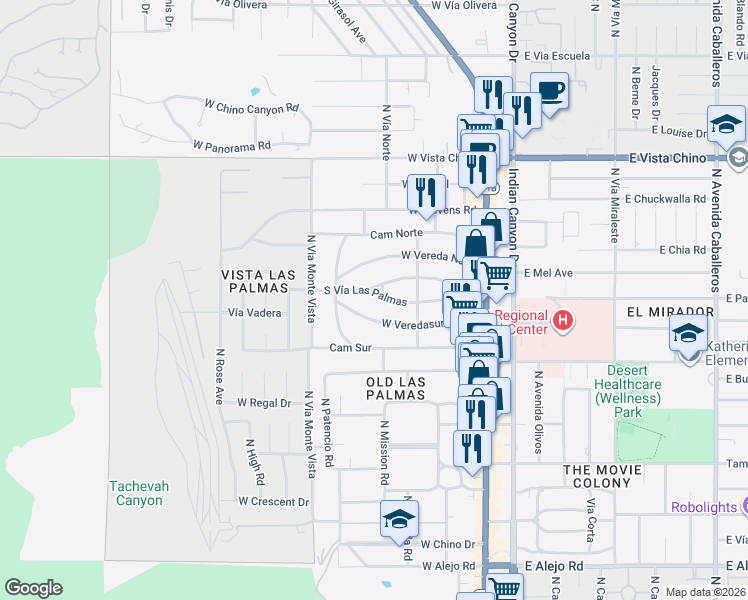 map of restaurants, bars, coffee shops, grocery stores, and more near 425 South Vía Las Palmas in Palm Springs