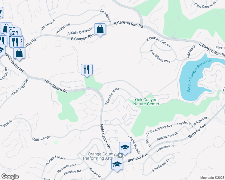 map of restaurants, bars, coffee shops, grocery stores, and more near 6525 East Camino Vista in Anaheim