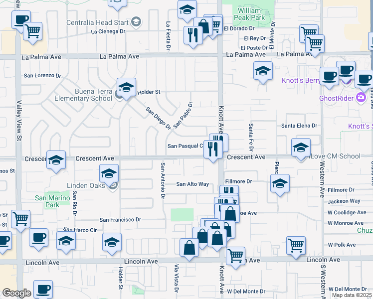 map of restaurants, bars, coffee shops, grocery stores, and more near 6842 San Pasqual Circle in Buena Park