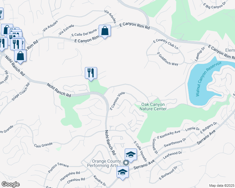 map of restaurants, bars, coffee shops, grocery stores, and more near 6525 East Camino Vista in Anaheim