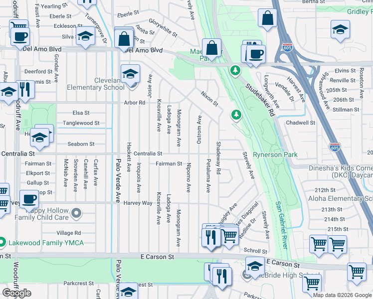 map of restaurants, bars, coffee shops, grocery stores, and more near 4507 Nipomo Avenue in Lakewood