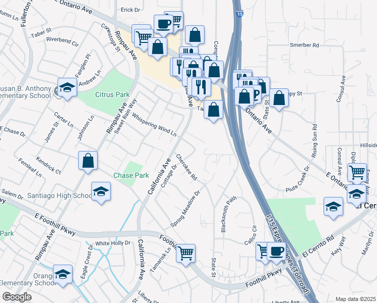 map of restaurants, bars, coffee shops, grocery stores, and more near 2540 Cottage Drive in Corona