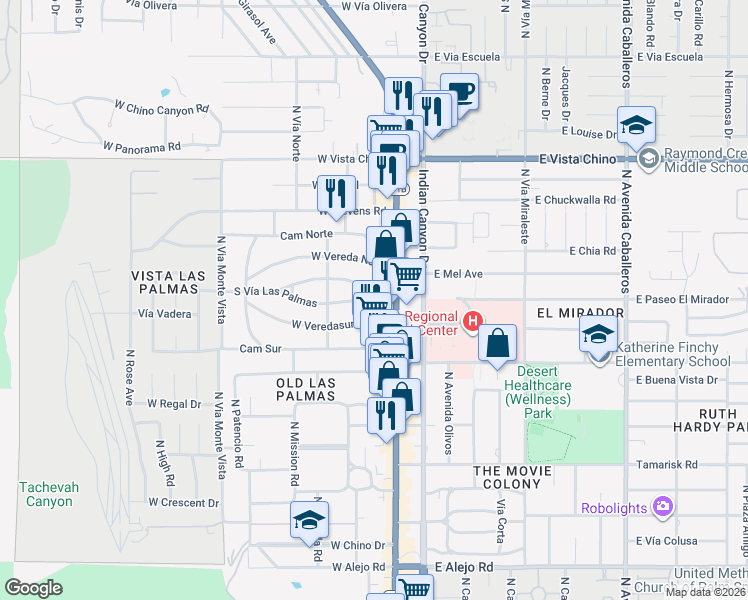 map of restaurants, bars, coffee shops, grocery stores, and more near 111 South Vía Las Palmas in Palm Springs