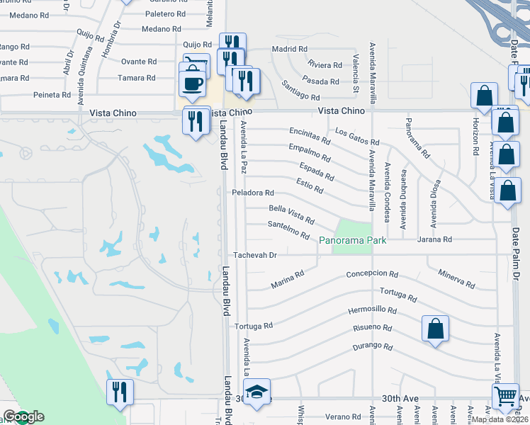 map of restaurants, bars, coffee shops, grocery stores, and more near 68135 Bella Vista Road in Cathedral City