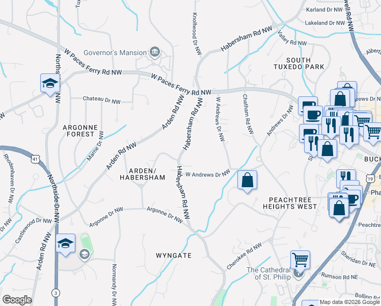map of restaurants, bars, coffee shops, grocery stores, and more near 3125 Habersham Road Northwest in Atlanta