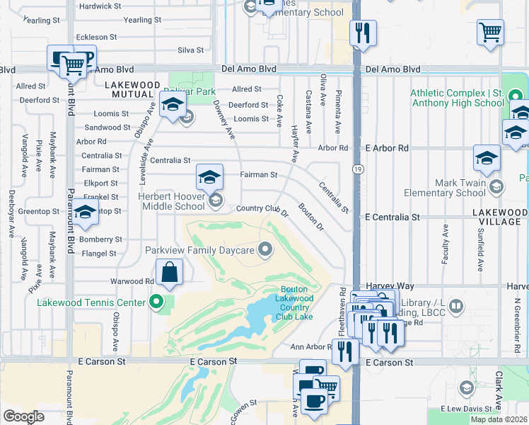map of restaurants, bars, coffee shops, grocery stores, and more near 3902 Country Club Drive in Lakewood