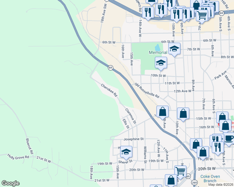 map of restaurants, bars, coffee shops, grocery stores, and more near 1001-1299 Cherokee Road in Jasper