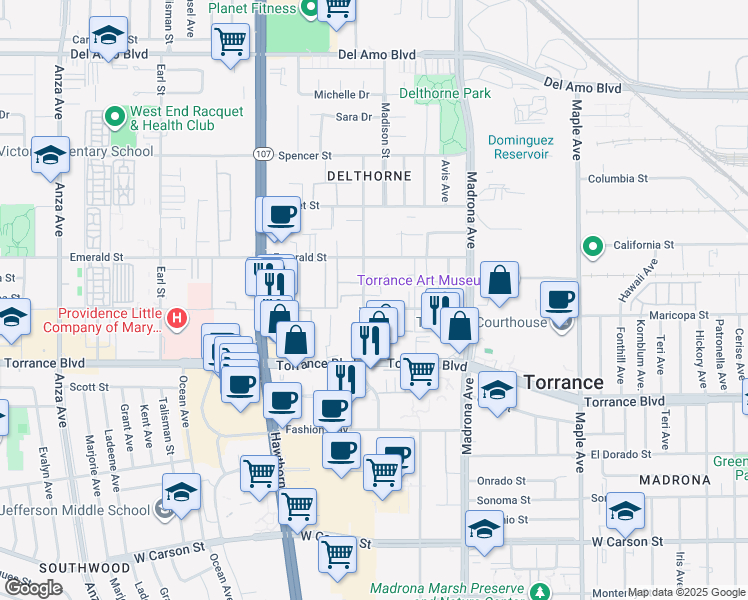 map of restaurants, bars, coffee shops, grocery stores, and more near 20924 Amie Avenue in Torrance