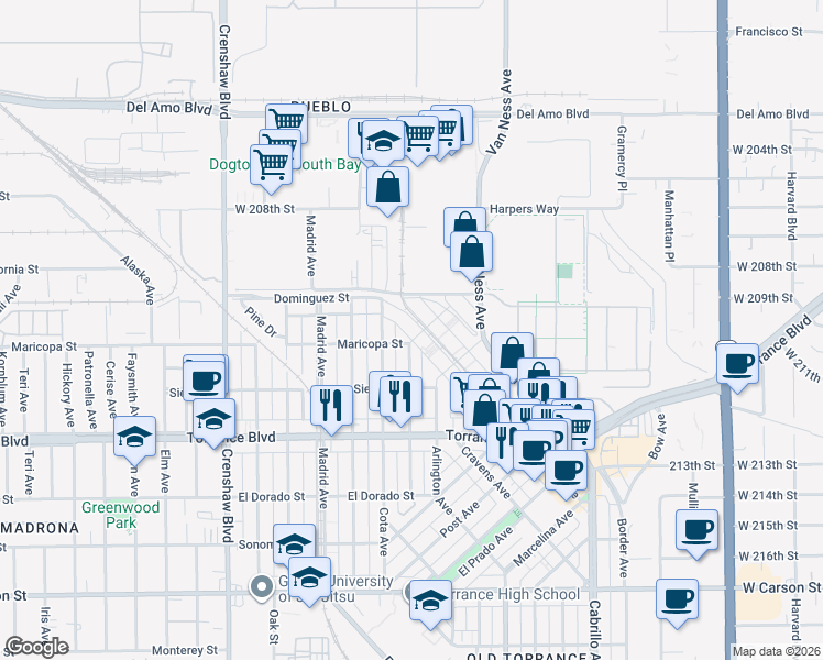 map of restaurants, bars, coffee shops, grocery stores, and more near 645 Sartori Avenue in Torrance