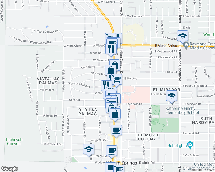 map of restaurants, bars, coffee shops, grocery stores, and more near 111 South Vía Las Palmas in Palm Springs
