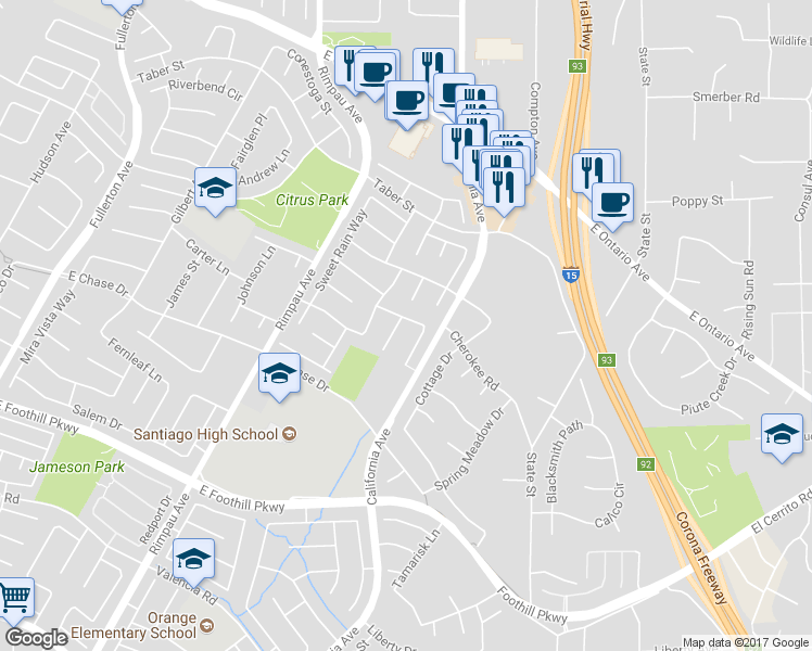 map of restaurants, bars, coffee shops, grocery stores, and more near 2663 Monserat Circle in Corona