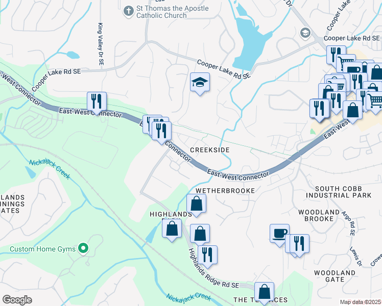 map of restaurants, bars, coffee shops, grocery stores, and more near 1292 Creekside Terrace Southeast in Smyrna