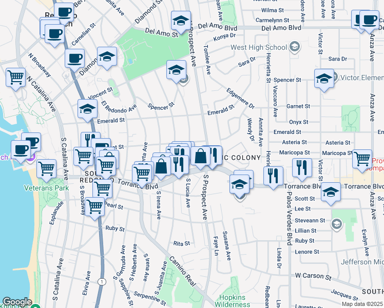 map of restaurants, bars, coffee shops, grocery stores, and more near 212 South Lucia Avenue in Redondo Beach