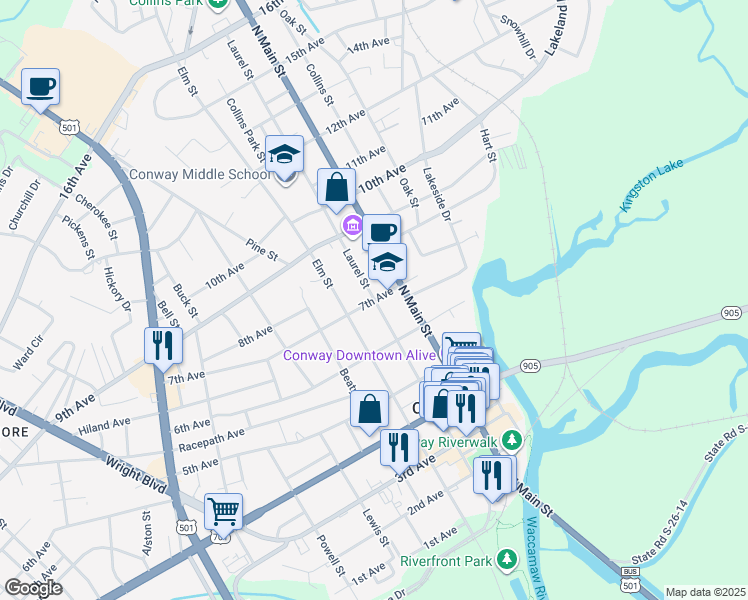 map of restaurants, bars, coffee shops, grocery stores, and more near Laurel Street in Conway