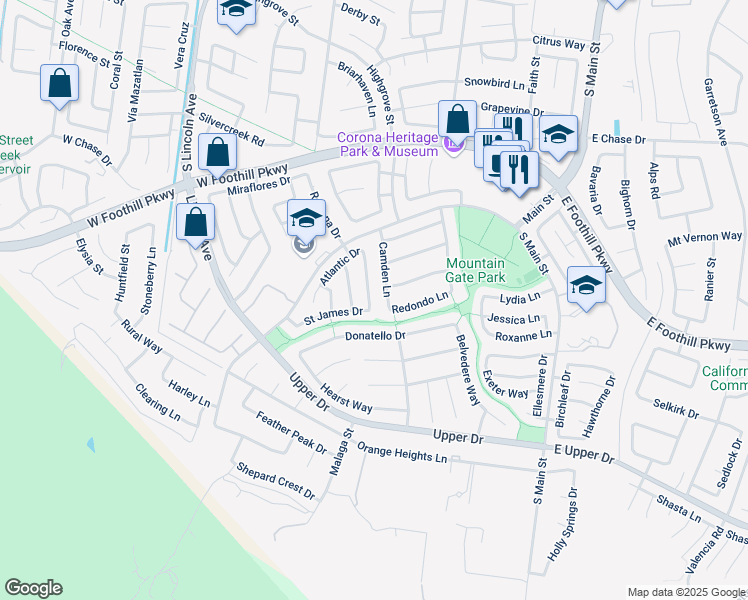 map of restaurants, bars, coffee shops, grocery stores, and more near 3442 Kentucky Lane in Corona