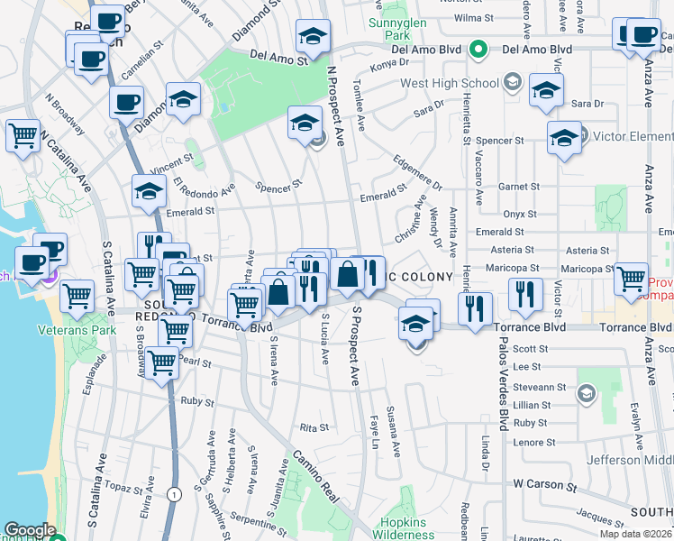 map of restaurants, bars, coffee shops, grocery stores, and more near 210 South Lucia Avenue in Redondo Beach