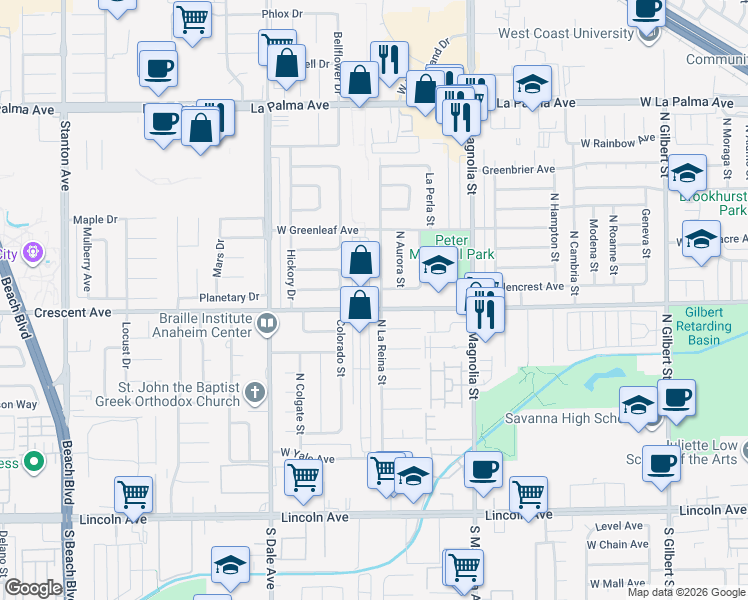 map of restaurants, bars, coffee shops, grocery stores, and more near 605 North La Reina Street in Anaheim