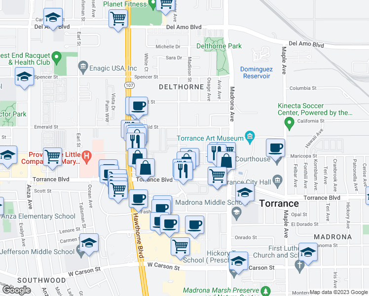 map of restaurants, bars, coffee shops, grocery stores, and more near 20924 Amie Avenue in Torrance