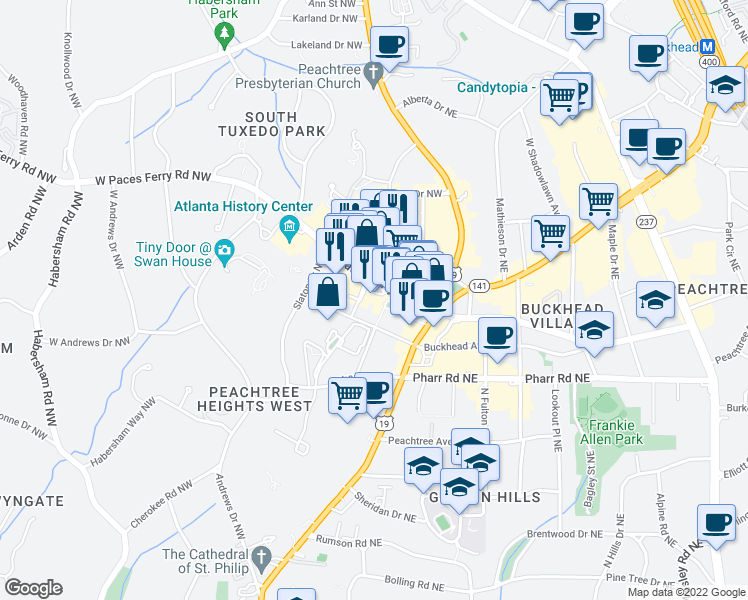map of restaurants, bars, coffee shops, grocery stores, and more near West Paces Ferry Road Northwest in Atlanta