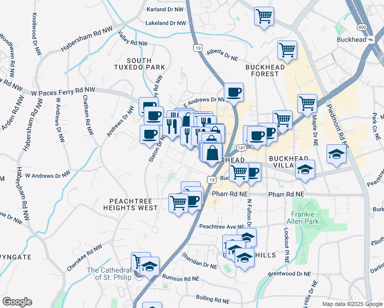 map of restaurants, bars, coffee shops, grocery stores, and more near 88 West Paces Ferry Road Northwest in Atlanta