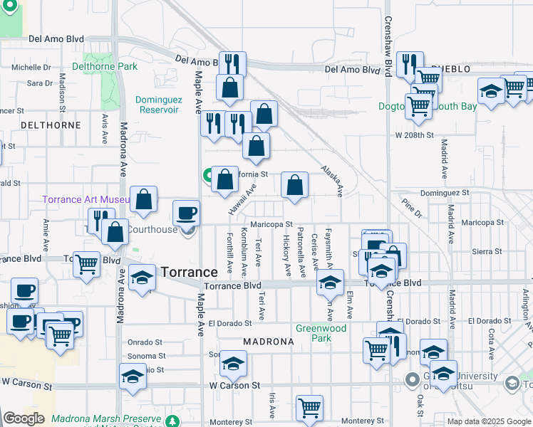 map of restaurants, bars, coffee shops, grocery stores, and more near 2763 Maricopa Street in Torrance