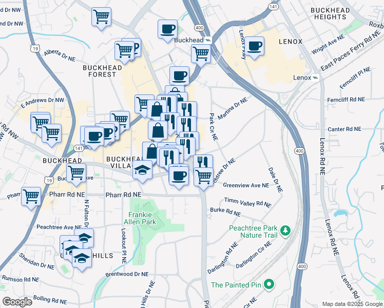 map of restaurants, bars, coffee shops, grocery stores, and more near 3085 Piedmont Road Northeast in Atlanta