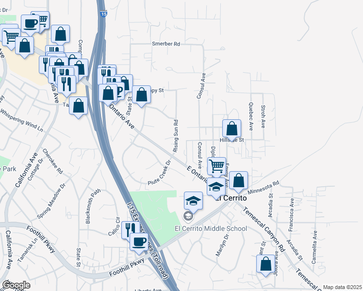 map of restaurants, bars, coffee shops, grocery stores, and more near 19280 Rising Sun Road in Corona