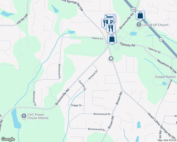 map of restaurants, bars, coffee shops, grocery stores, and more near 4721 Brownsville Road in Powder Springs