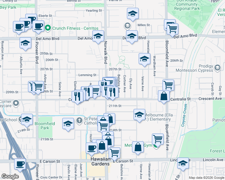 map of restaurants, bars, coffee shops, grocery stores, and more near 12224 209th Street in Lakewood
