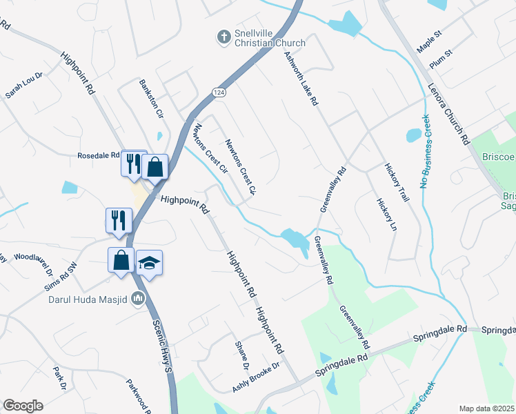 map of restaurants, bars, coffee shops, grocery stores, and more near 3402 Newtons Crest Circle in Snellville