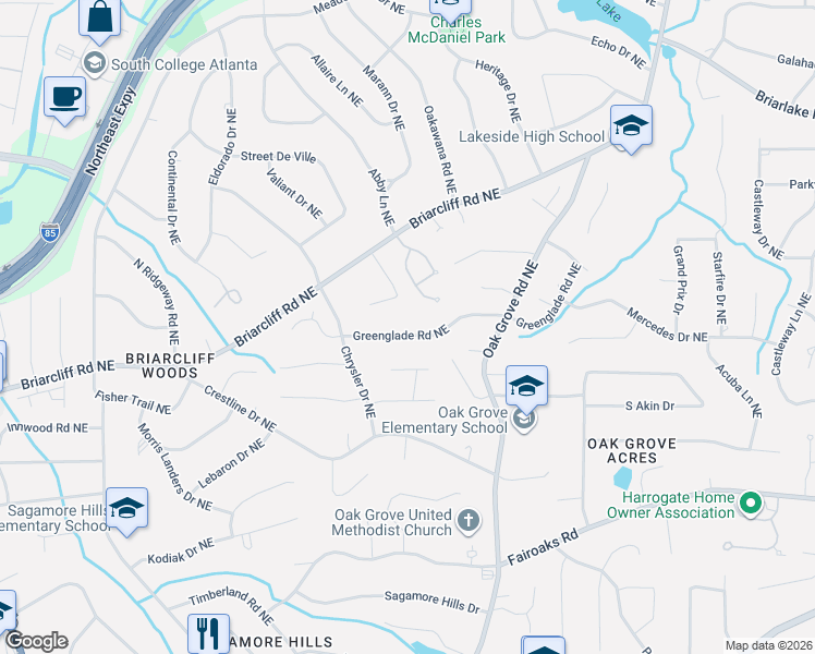 map of restaurants, bars, coffee shops, grocery stores, and more near 2322 Greenglade Road Northeast in Atlanta