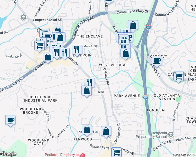map of restaurants, bars, coffee shops, grocery stores, and more near 1959 Silver Birch Drive in Smyrna