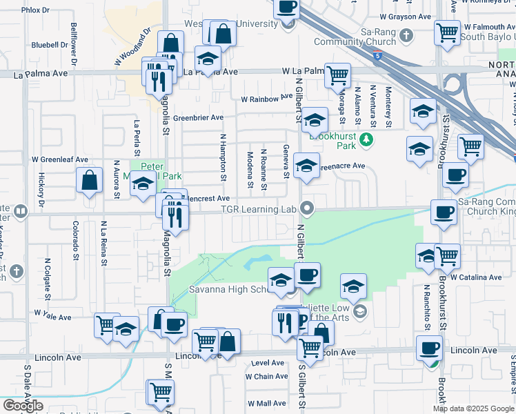 map of restaurants, bars, coffee shops, grocery stores, and more near 2453 West Crescent Avenue in Anaheim