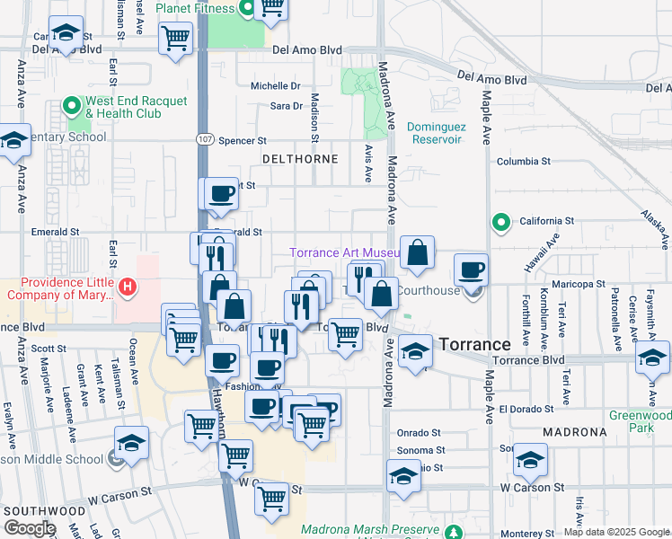 map of restaurants, bars, coffee shops, grocery stores, and more near 3515 Maricopa Street in Torrance