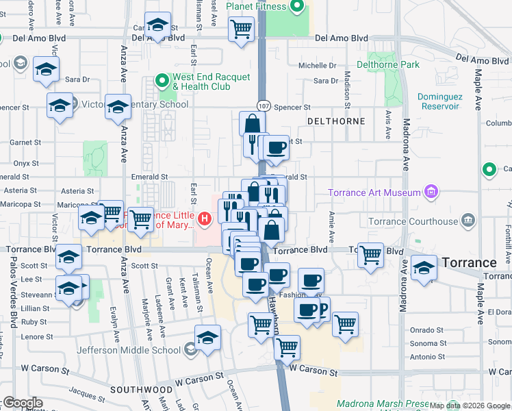 map of restaurants, bars, coffee shops, grocery stores, and more near 20929 Hawthorne Boulevard in Torrance