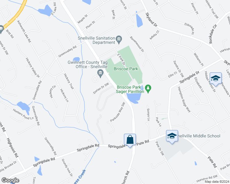 map of restaurants, bars, coffee shops, grocery stores, and more near 2030 Kings Gate Circle Southwest in Snellville
