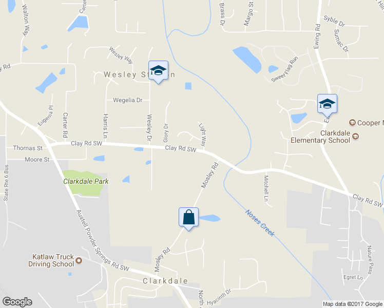 map of restaurants, bars, coffee shops, grocery stores, and more near 3211 Clay Road Southwest in Austell