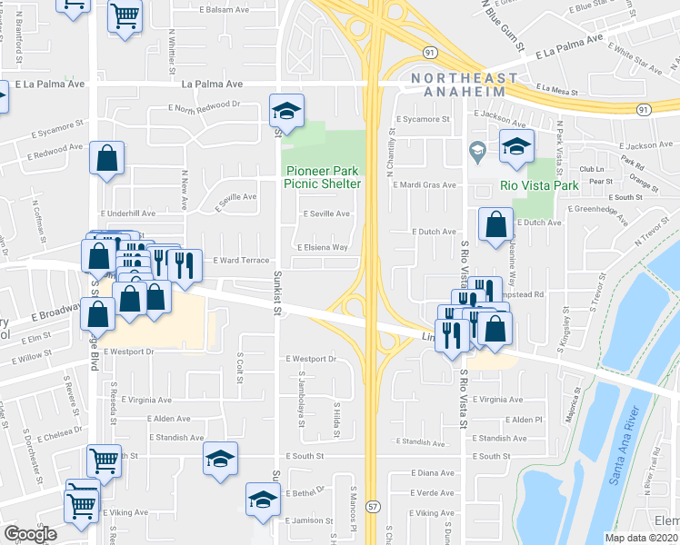 map of restaurants, bars, coffee shops, grocery stores, and more near 11 East Ward Terrace in Anaheim