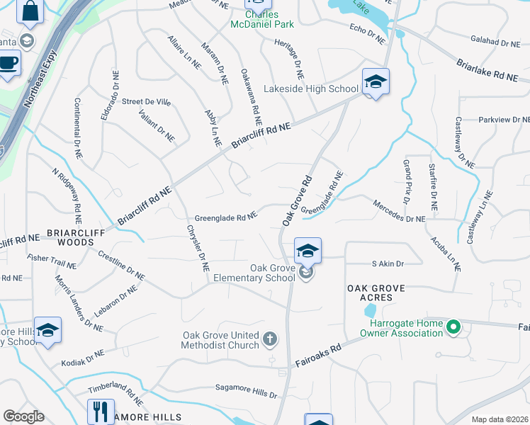 map of restaurants, bars, coffee shops, grocery stores, and more near 2401 Greenglade Road Northeast in Atlanta