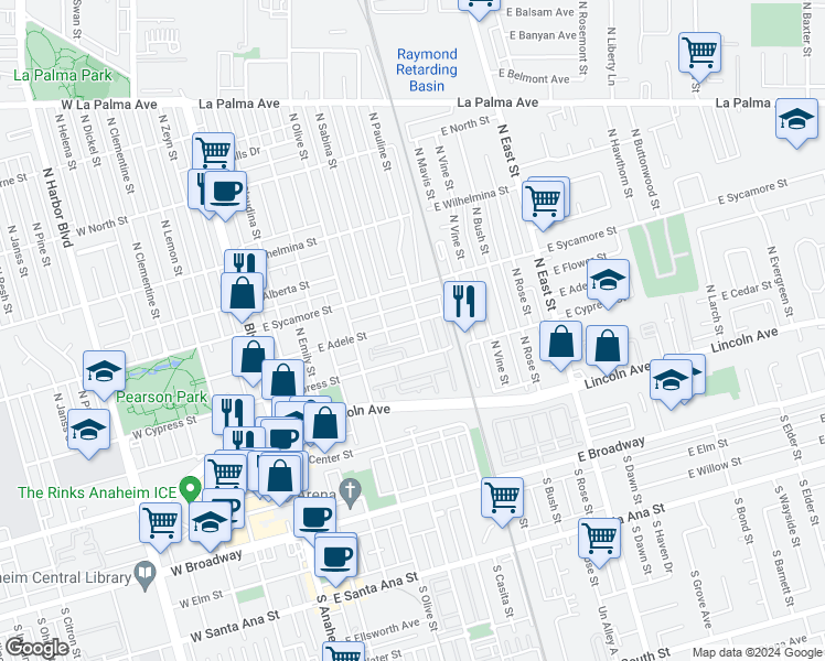 map of restaurants, bars, coffee shops, grocery stores, and more near 520 East Adele Street in Anaheim