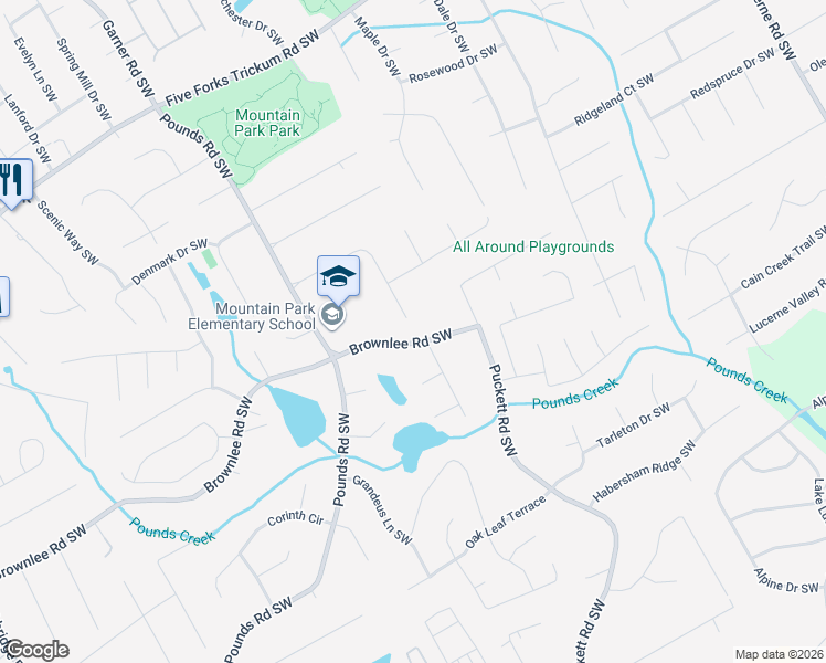 map of restaurants, bars, coffee shops, grocery stores, and more near 5004 Fox Forest Circle Southwest in Lilburn