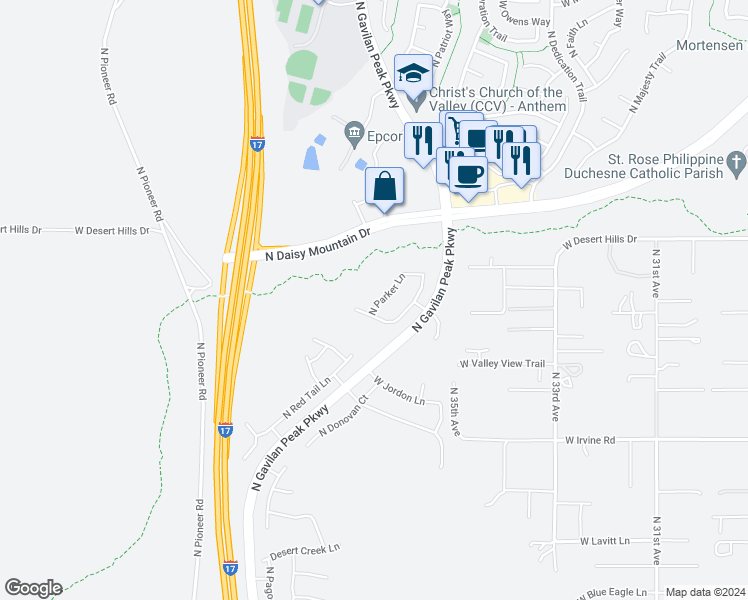 map of restaurants, bars, coffee shops, grocery stores, and more near 39120 North Parker Lane in New River