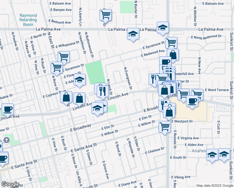 map of restaurants, bars, coffee shops, grocery stores, and more near 1571 East Lincoln Avenue in Anaheim