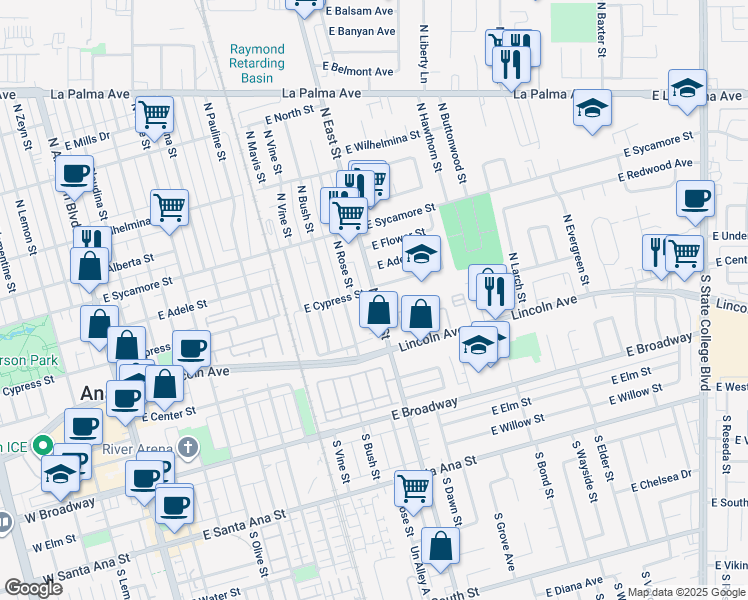 map of restaurants, bars, coffee shops, grocery stores, and more near 210 North East Street in Anaheim