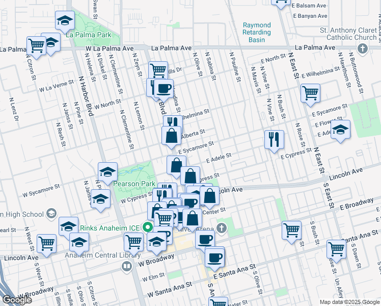 map of restaurants, bars, coffee shops, grocery stores, and more near 425 North Emily Street in Anaheim