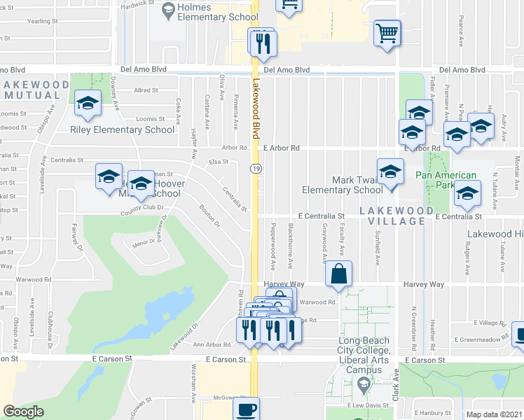 map of restaurants, bars, coffee shops, grocery stores, and more near 4509 Pepperwood Avenue in Long Beach